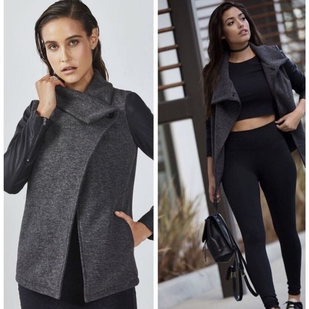 Fabletics Women's Milano Coat Jacket Large Gray‎ Black Faux Leather Athleisure